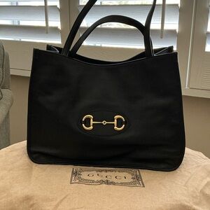 Gucci Black Leather Tote with Gold Accents